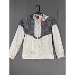 Nike Kids Windbreaker Jacket Hooded White Black‎ Pink Logo Zip Up Lightweight
